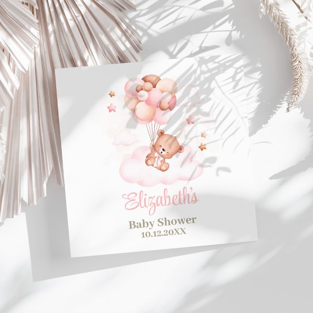 Teddy Bear with Pink Balloons Baby Shower  Napkins (Teddy Bear with Pink Balloons Baby Shower Napkins on a sunny white table.)