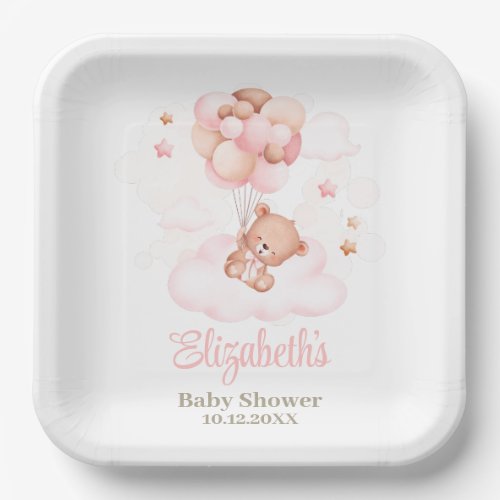Teddy Bear with Pink Balloons Baby Shower  Paper Plates