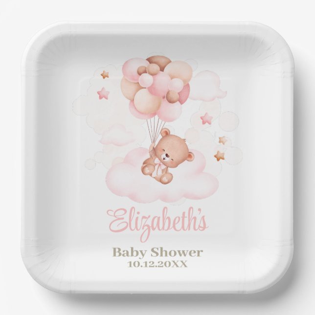 Teddy Bear with Pink Balloons Baby Shower  Paper Plates (Front)