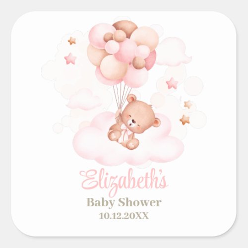 Teddy Bear with Pink Balloons Baby Shower  Square Sticker