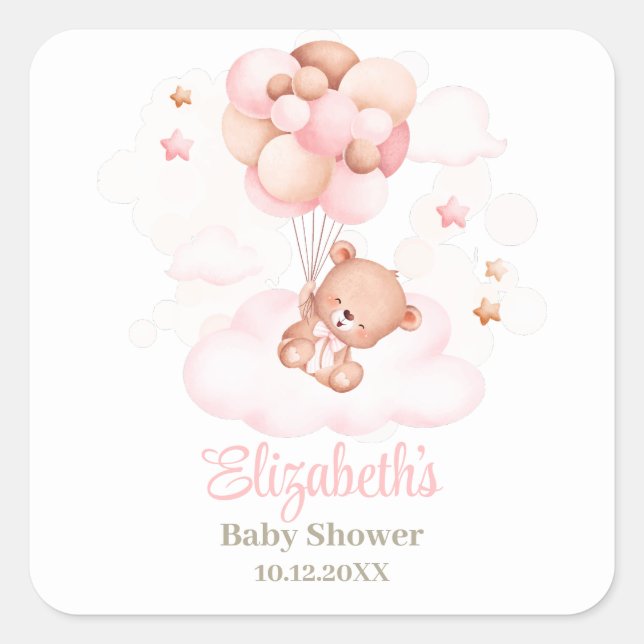 Teddy Bear with Pink Balloons Baby Shower  Square Sticker (Front)