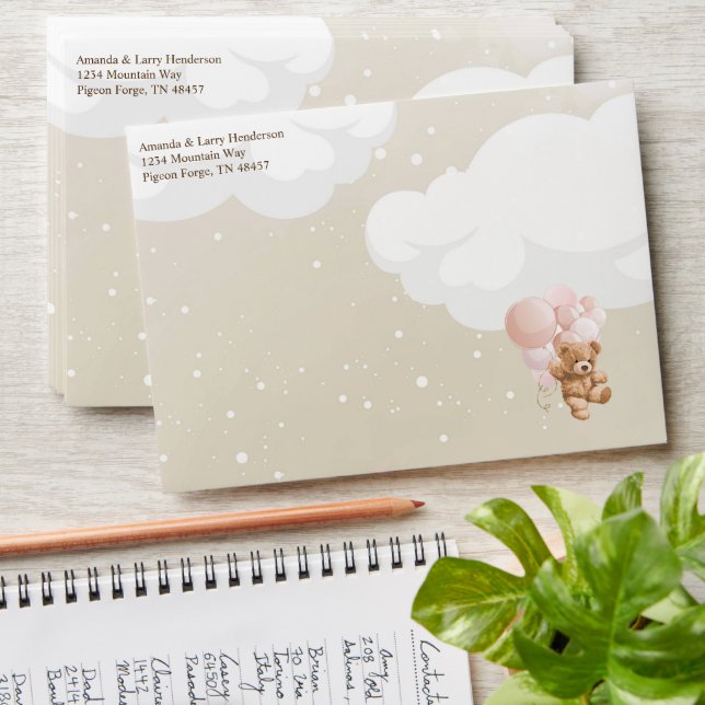 Teddy Bear with Pink Balloons Bearly Wait Envelope (Stacked)