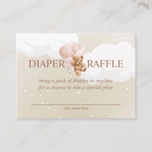 Teddy Bear with Pink Balloons Diaper Raffle Card