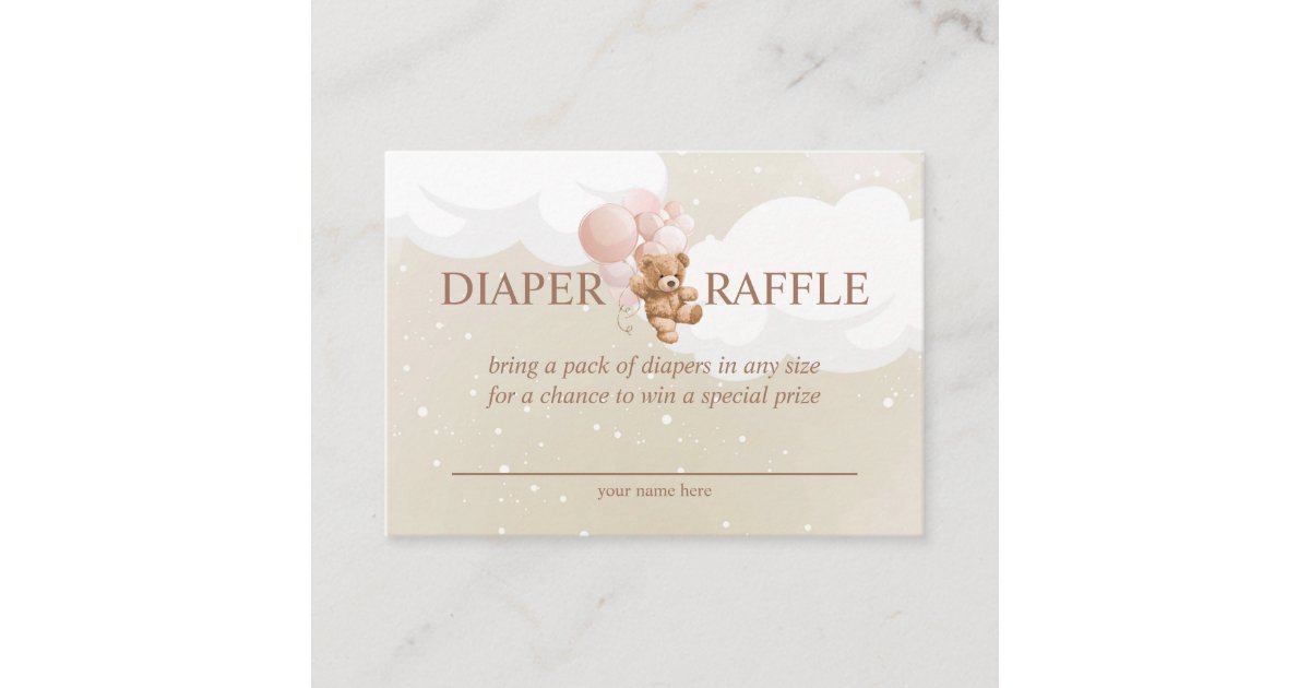 Teddy Bear with Pink Balloons Diaper Raffle Card | Zazzle