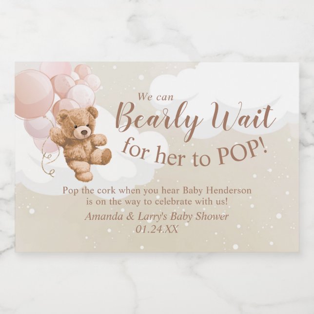 Teddy Bear with Pink Balloons Mini Sparkling Wine  Sparkling Wine Label (Single Label)