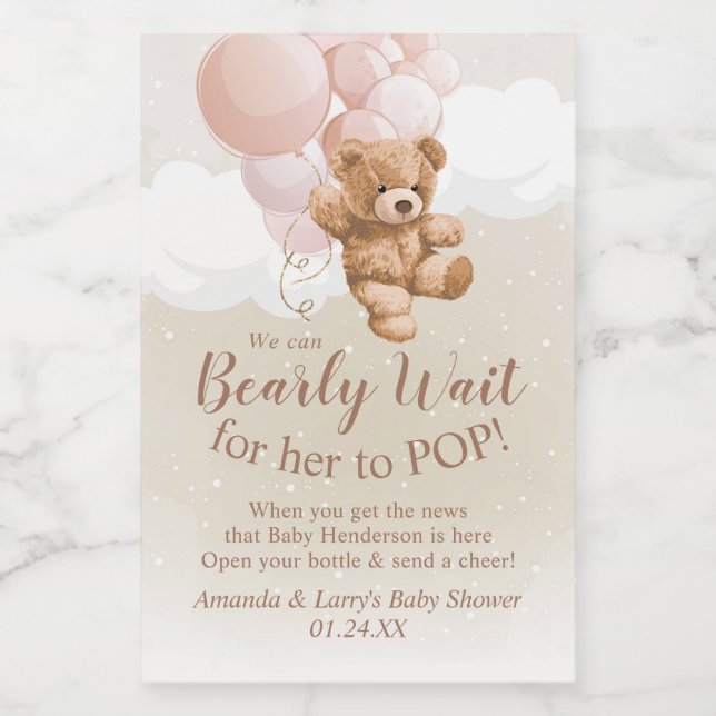 Teddy Bear with Pink Balloons Mini Wine Label (Single Label)