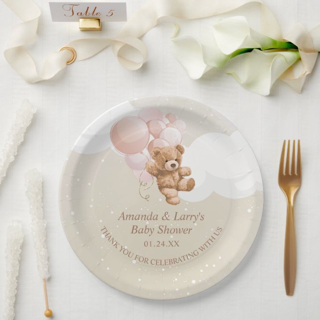 Teddy Bear with Pink Balloons Paper Plates (Wedding)
