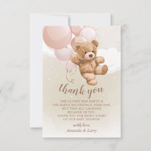 Teddy Bear with Pink Balloons Thank You Card