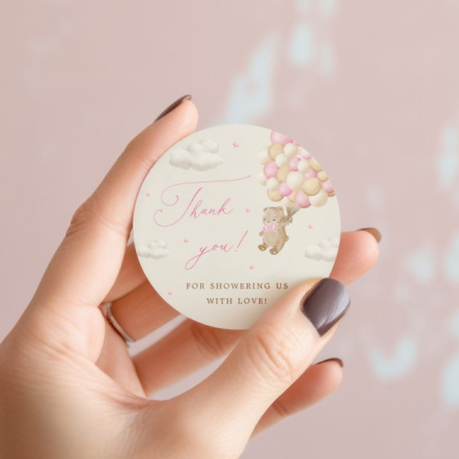 Teddy Bear with Pink Balloons Thank You Classic Round Sticker (Creator Uploaded)