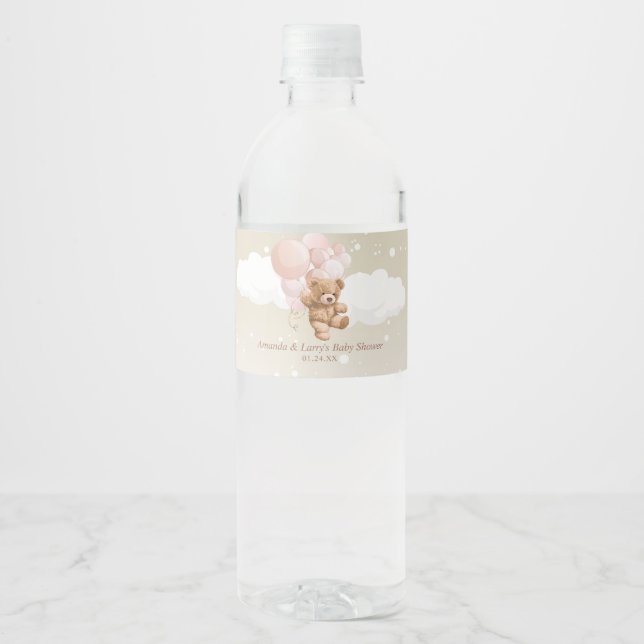 Teddy Bear with Pink Balloons Water Bottle Label (Front)