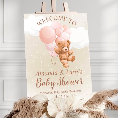 Teddy Bear with Pink Balloons Welcome Sign