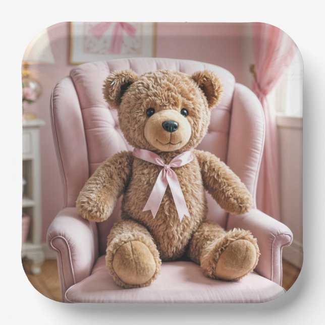 Teddy Bear With Pink Bow Paper Plates (Front)