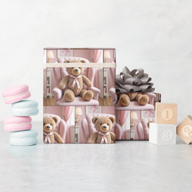 Teddy Bear With Pink Bow Wrapping Paper (Baby Shower)