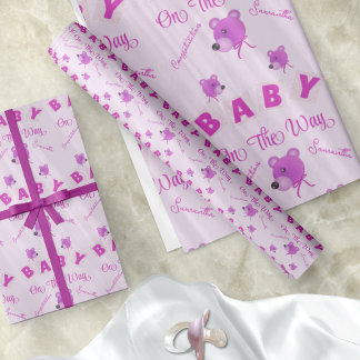 Teddy Bear With Pink Purple Text Baby Shower Wrapping Paper