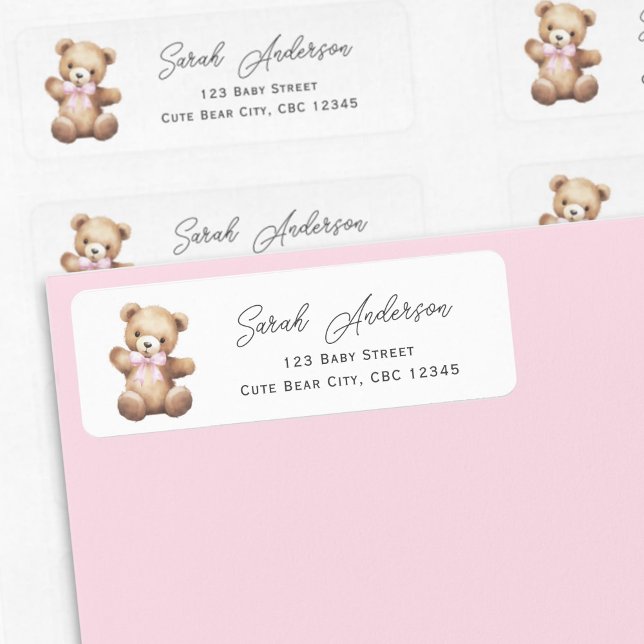 Teddy Bear with Pink Ribbon Baby Girl Shower Label (Pink Teddy Bear Return Labels.)