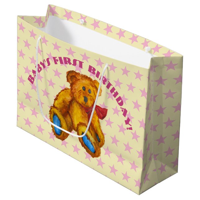 Teddy Bear With Pink Stars Large Gift Bag (Front Angled)