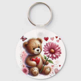 Teddy Bear With Red Valentine Heart Keychain