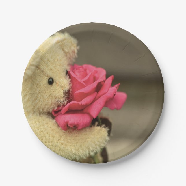 Teddy Bear With Rose Baby Shower Paper Plates (Front)