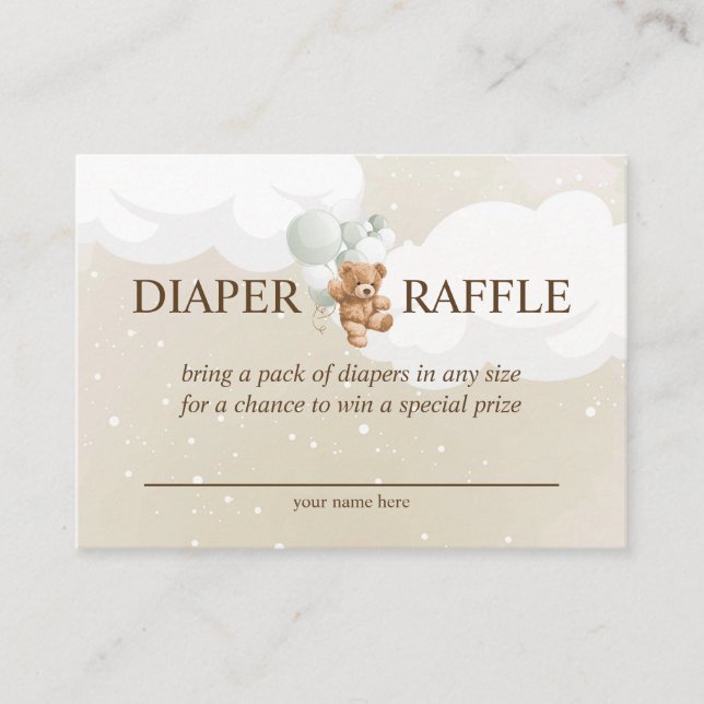 Teddy Bear with Sage Balloons Diaper Raffle Card (Front)
