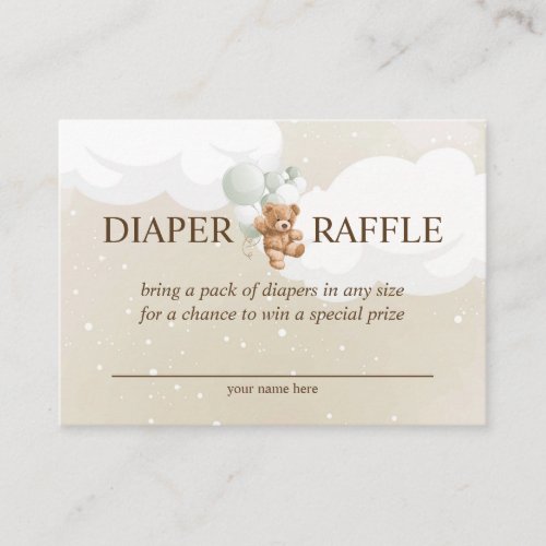 Teddy Bear with Sage Balloons Diaper Raffle Card