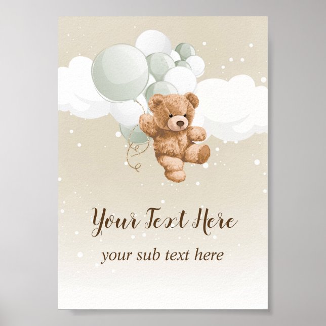 Teddy Bear with Sage Balloons Table Sign (Front)