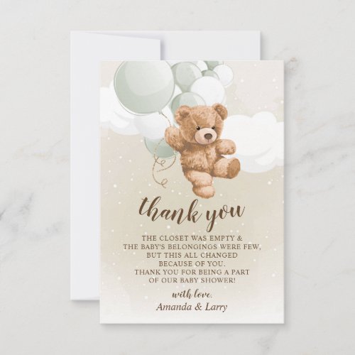 Teddy Bear with Sage Balloons Thank You Card