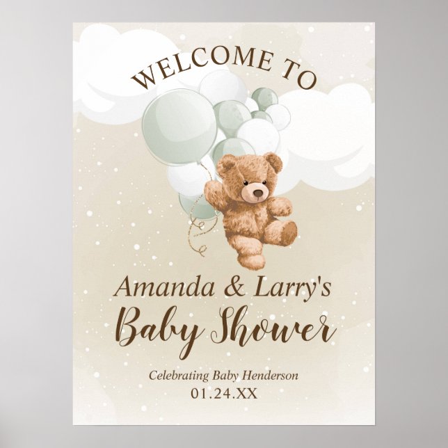 Teddy Bear with Sage Balloons Welcome Poster (Front)