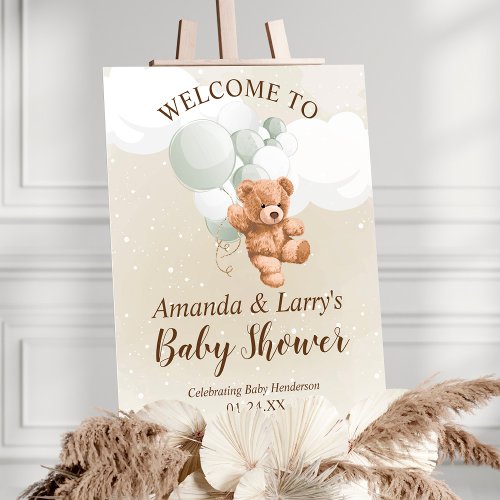 Teddy Bear with Sage Balloons Welcome Sign