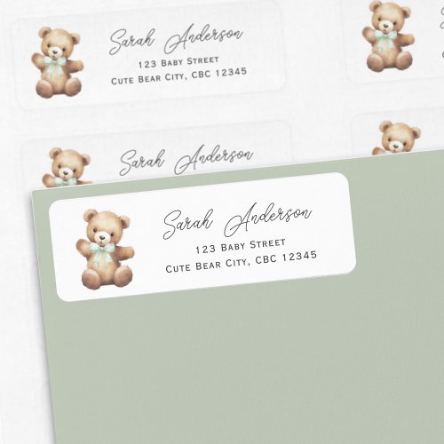 Teddy Bear with Sage Green Ribbon Shower Label