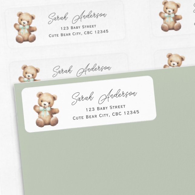 Teddy Bear with Sage Green Ribbon Shower Label (Sage Green Teddy Bear Return Labels.)