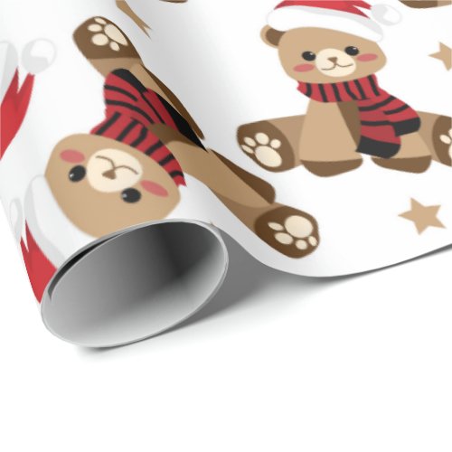 Teddy Bear with Santa Claus Hat Pattern Holiday Wrapping Paper