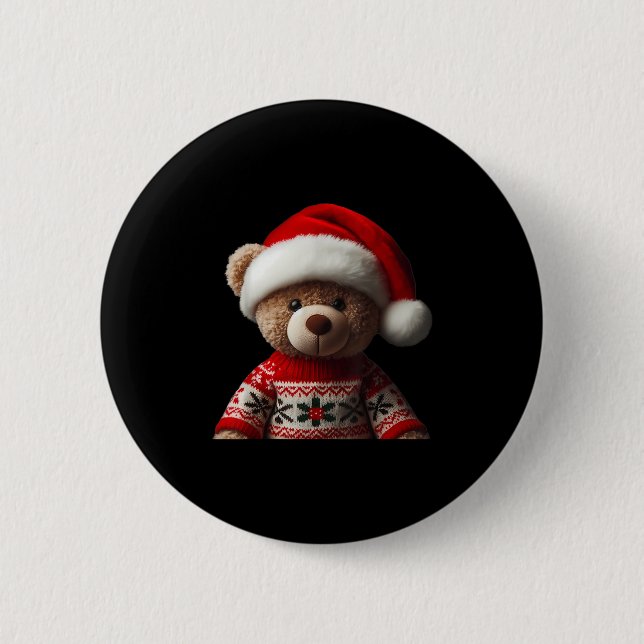 Teddy Bear With Santa Hat Christmas Xmas Lover Kid Button (Front)