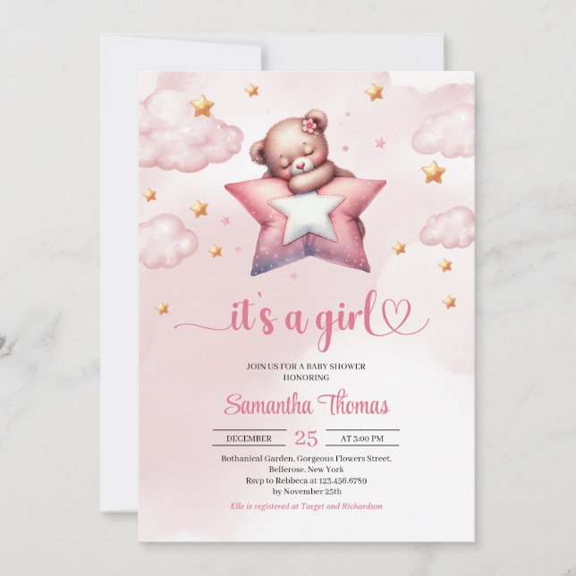 Teddy bear with star pillow girl baby shower invitation (Front)