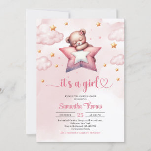 Teddy bear with star pillow girl baby shower invitation