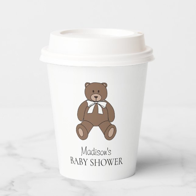 Teddy Bear with White Bow and Name Baby Shower Paper Cups (Front)