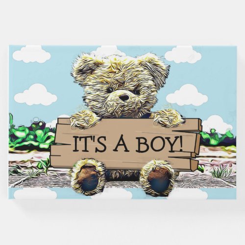 Teddy Bear with Wood Sign Baby Shower Guest Book