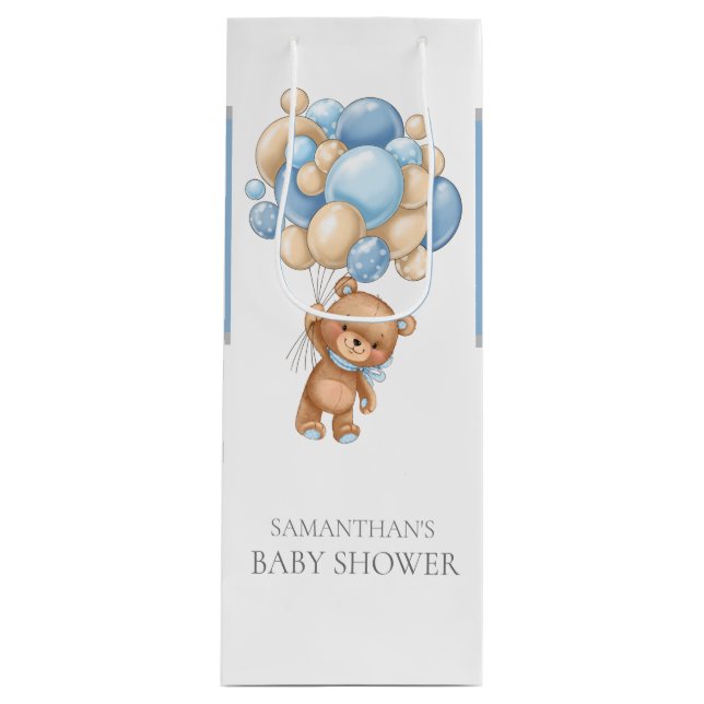 Teddy  Bearly Wait BABY SHOWER Boy Wine Gift Bag (Front)