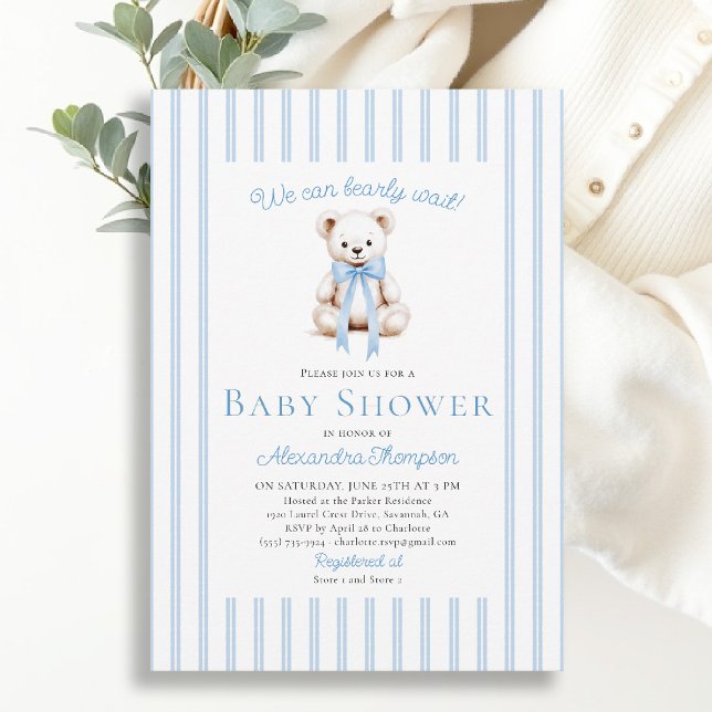 Teddy Bearly Wait Neutral Blue Stripes Baby Shower Invitation (bearly wait baby shower invitation traditional classic nursery decor blue stripes teddy bear bow)