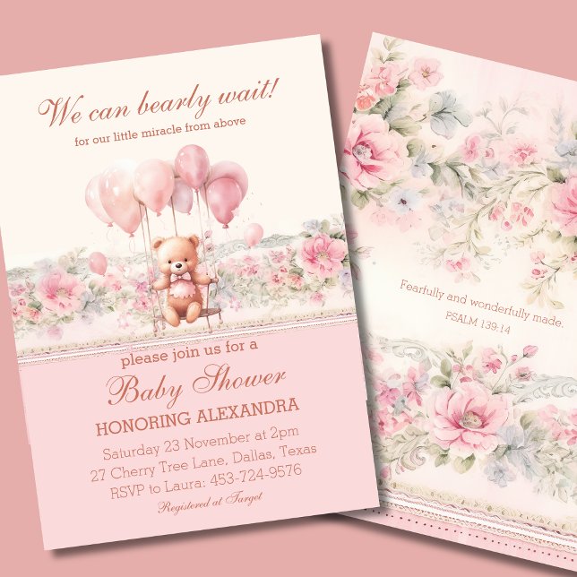 Teddy Bearly Wait Pink Christian Girl Baby Shower Invitation (Creator Uploaded)