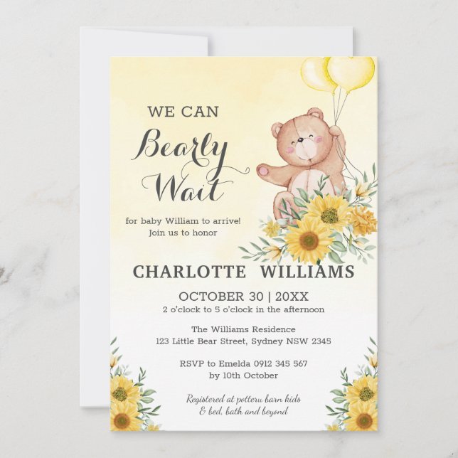 Teddy Bearly Wait Sunflower Greenery Baby Shower Invitation (Front)