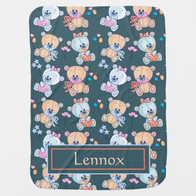 Teddy Bears and Balloons Pattern Illustration Baby Blanket (Front)