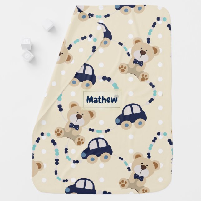 Teddy Bears and Cars Baby Boy Pattern Blanket (In Situ)