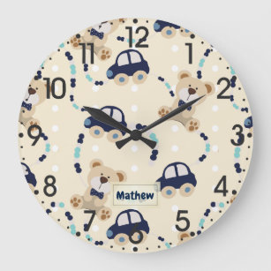 Teddy Bears and Cars Baby Boy Pattern Large Clock