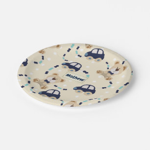 Teddy Bears and Cars Baby Boy Pattern Paper Plates