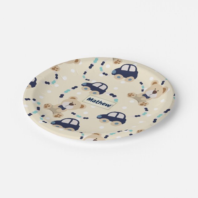 Teddy Bears and Cars Baby Boy Pattern Paper Plates (Angled)
