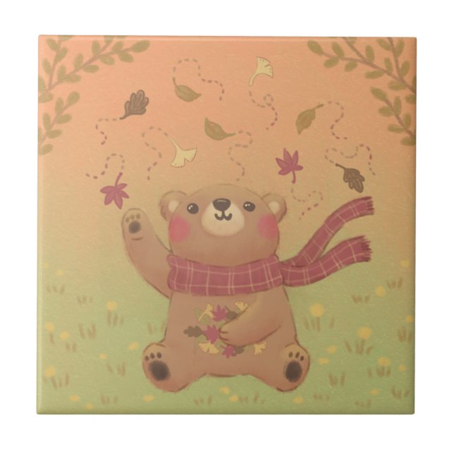 Teddy Bear's Autumn Fall Leaves Ceramic Tile (Front)