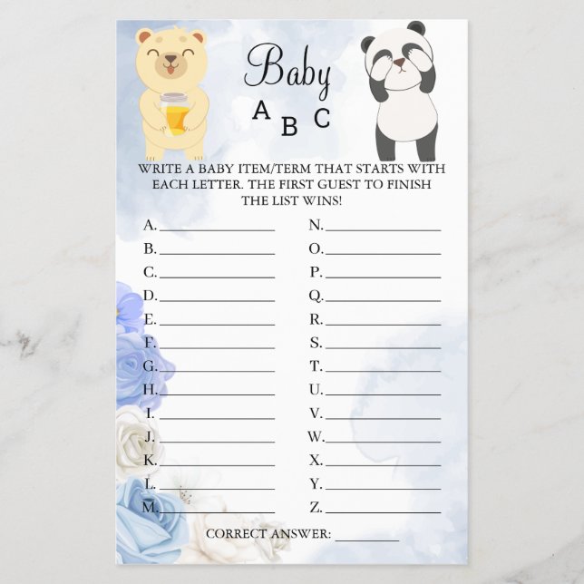 Teddy Bears Baby ABC Shower Game card Flyer (Front)