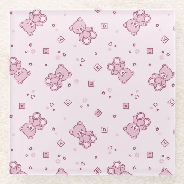 Teddy bears background Pink Glass Coaster (Front)