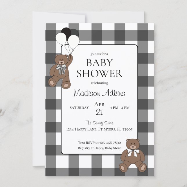Teddy Bears Black Buffalo Check Baby Shower Invitation (Front)