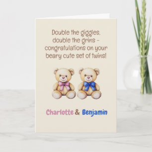 Teddy Bears, Boy & Girl Twins Congratulations Card